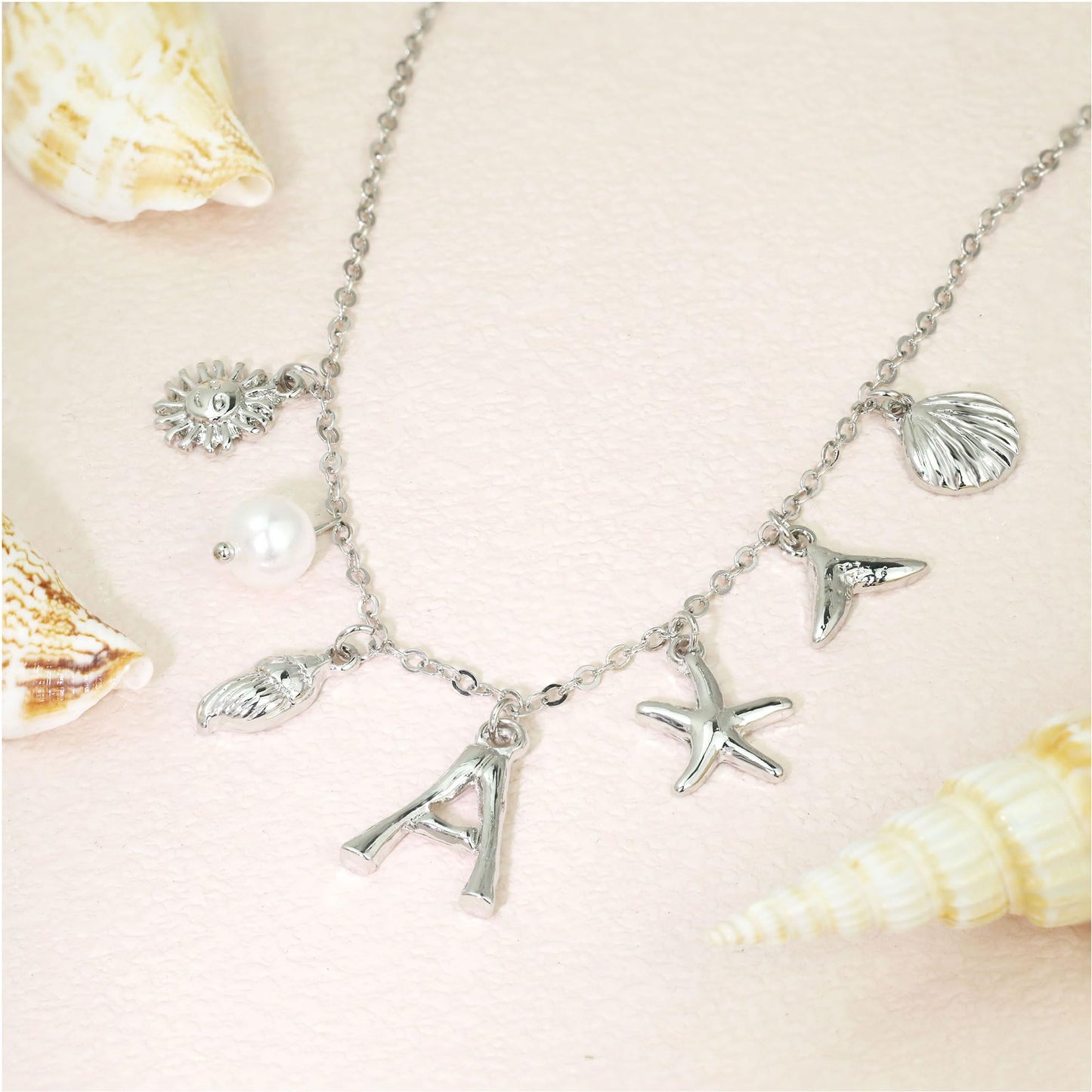 JALZEMPL Initial Charm Necklace For Women Seashell Shell Letter Boho Summer Beach Starfish 14k Gold Plated Silver Pendant Surfer Jewelry Gifts (E,Silver)