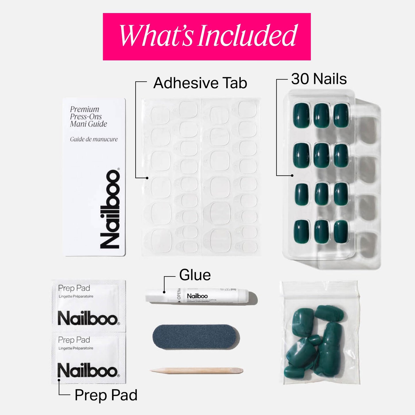 Nailboo Press On Nails, Salon-Quality Reusable Fake Nails for Fast DIY Manicure with Strong Hold Nail Glue for Press Ons, Nail File, & Alcohol Prep Pads, Exotic Emerald
