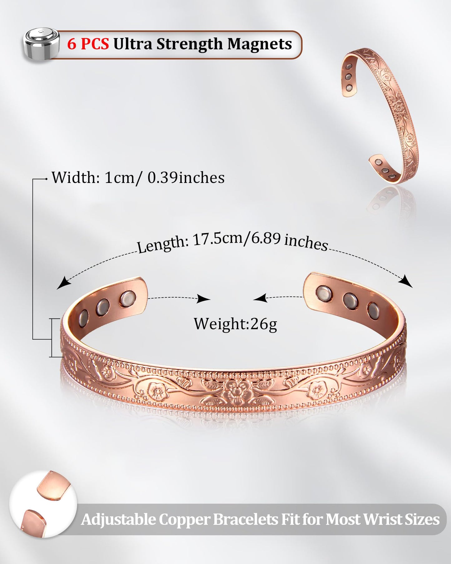 BioMag 2 Pcs Magnetic Copper Bracelet for Women, 99.99% Pure Copper Cuff Bangle with 6 Pcs 3500 Gauss Magnets, Adjustable Size, Floral Vine Design