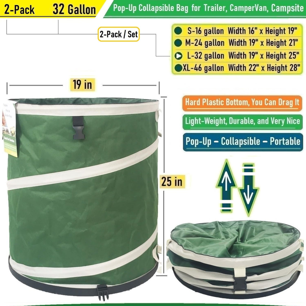 2 Pack 32 Gallon Collapsible Trash Can (2 Count)