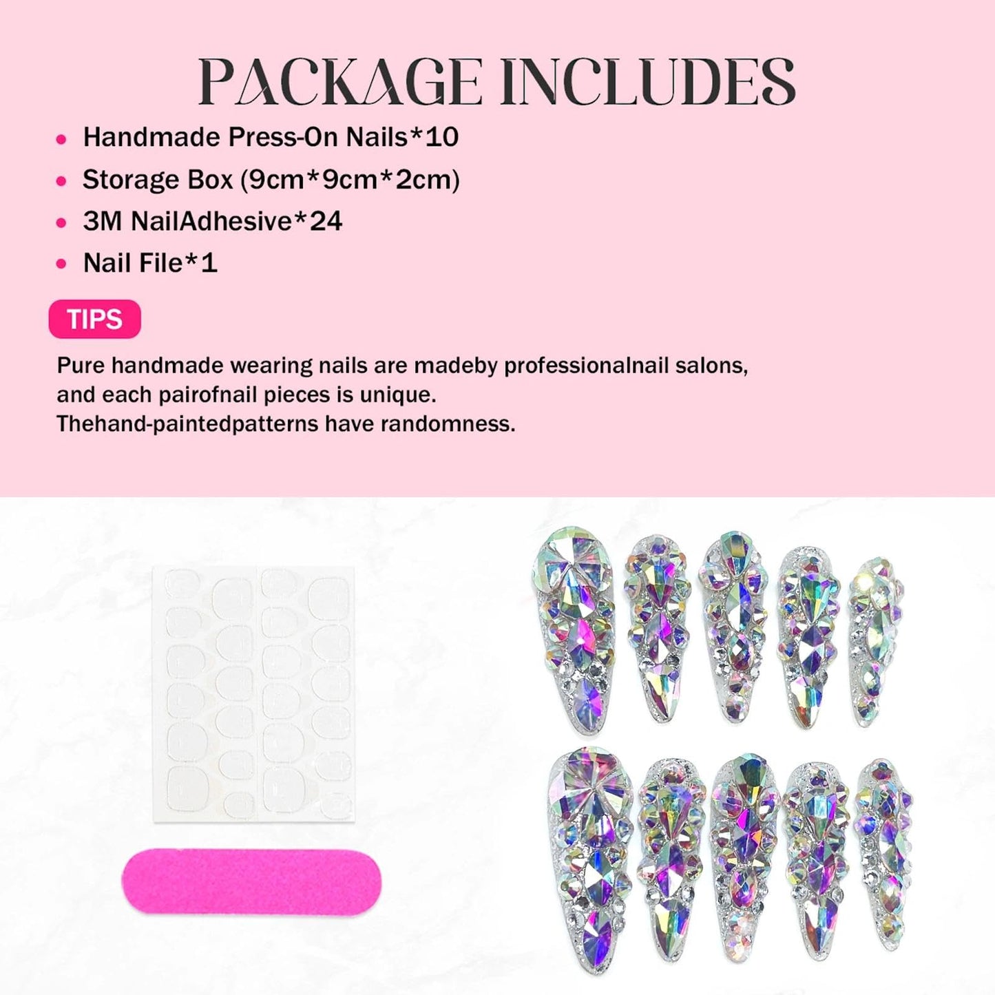 Handmade 3D Full AB Rhinestone Stiletto Press On Nails, Luxury Shiny Artisan Nails Set, Reusable Glossy Press-ons with Tool Kit(S)