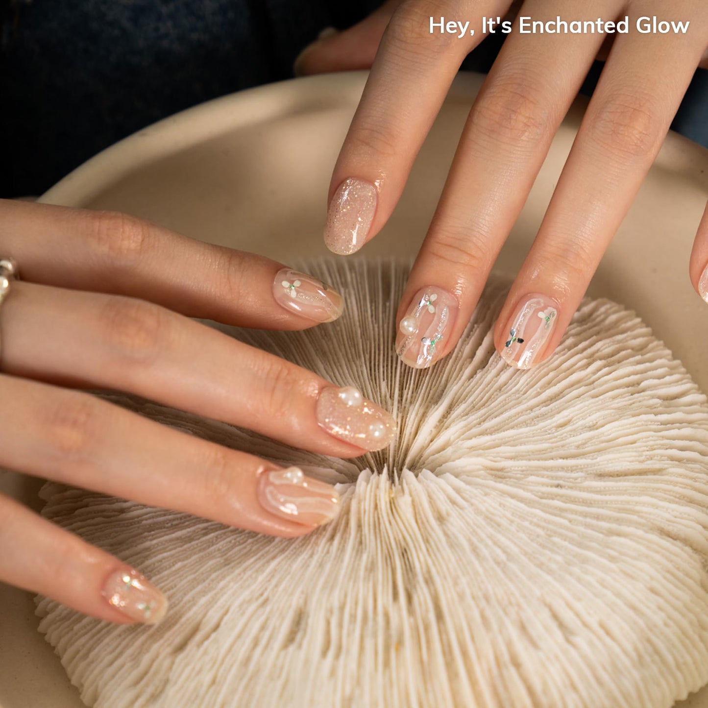 Heyhae Semi Cured Gel Nail Strips | No LED Lamp Needed | Glitter, White | Easy Apply & Remove, Salon Quality Includes 28 Strips, 1 Prep Pads, Nail File & Wooden Stick - Hey, It's Enchanted Glow