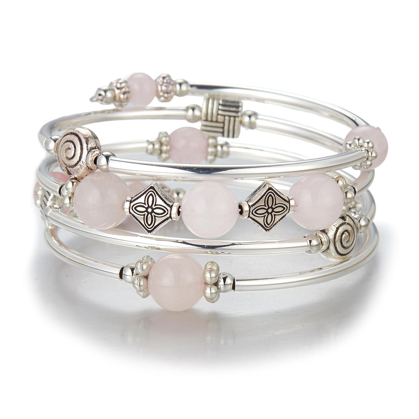 Beaded Pearl Bangle Wrap Bracelet - Fashion Bohemian Jewelry Multilayer Charm Bracelet with Thick Silver Metal Beads, Gift For Women(Pink crystal)