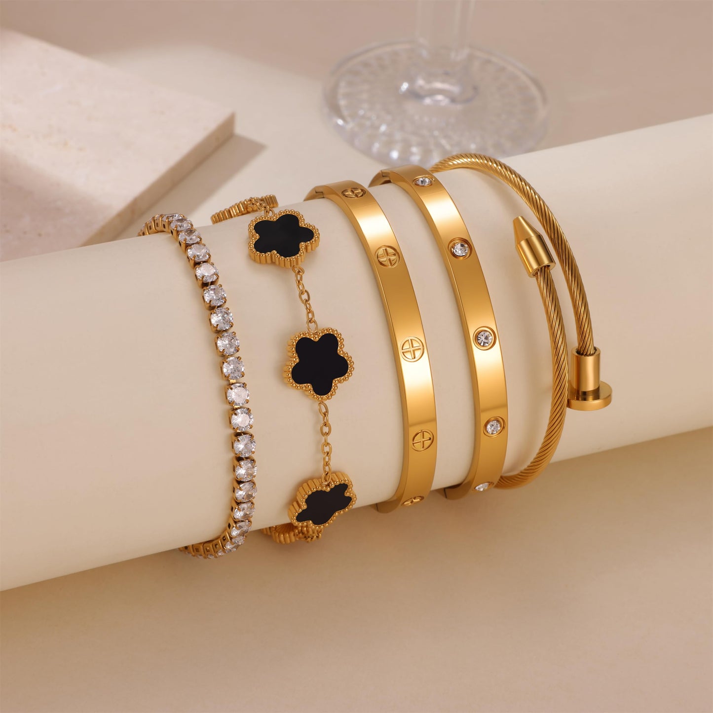 RIVOWMKI 18K Gold Plated Bracelet Set for Women, Sparkling CZ Bangle Adjustable Tennis Bracelet, Stackable Clover Jewelry, Non Tarnish Non Fade Long Lasting Shine for Client Meeting Afternoon Tea