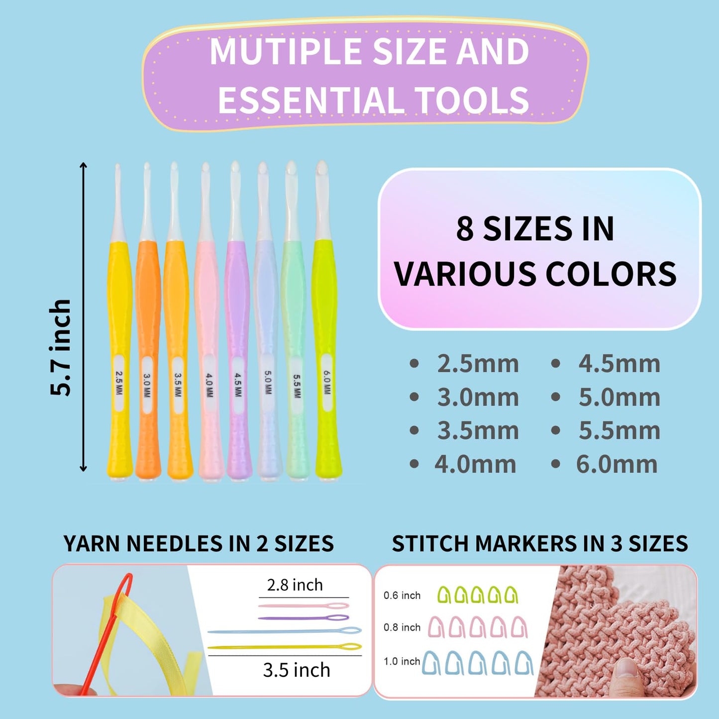Araeknotta Small Crochet Hooks Set with Stitch Markers, Yarn Needles - 8 Sizes (2.5, 3mm, 3.5, 4mm, 4.5, 5mm, 5.5, 6mm) -Ergonomic Plastic Crochet Hook Needles for Arthritic Hands Mothers Gift