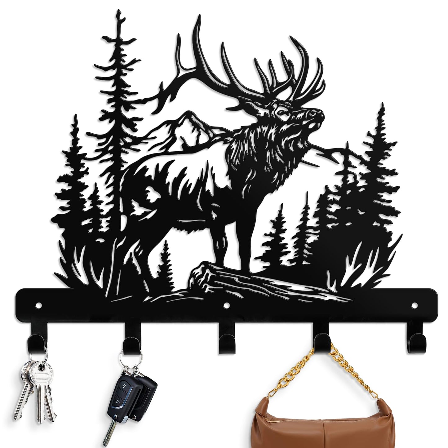 Hnatzu Deer Head Key Hanger Wall Mount-Rustic Metal Wall Hook with Mountain Forest Scene, Functional Deer Wall Decor for Entryway, Cabin, Hunting Lodge