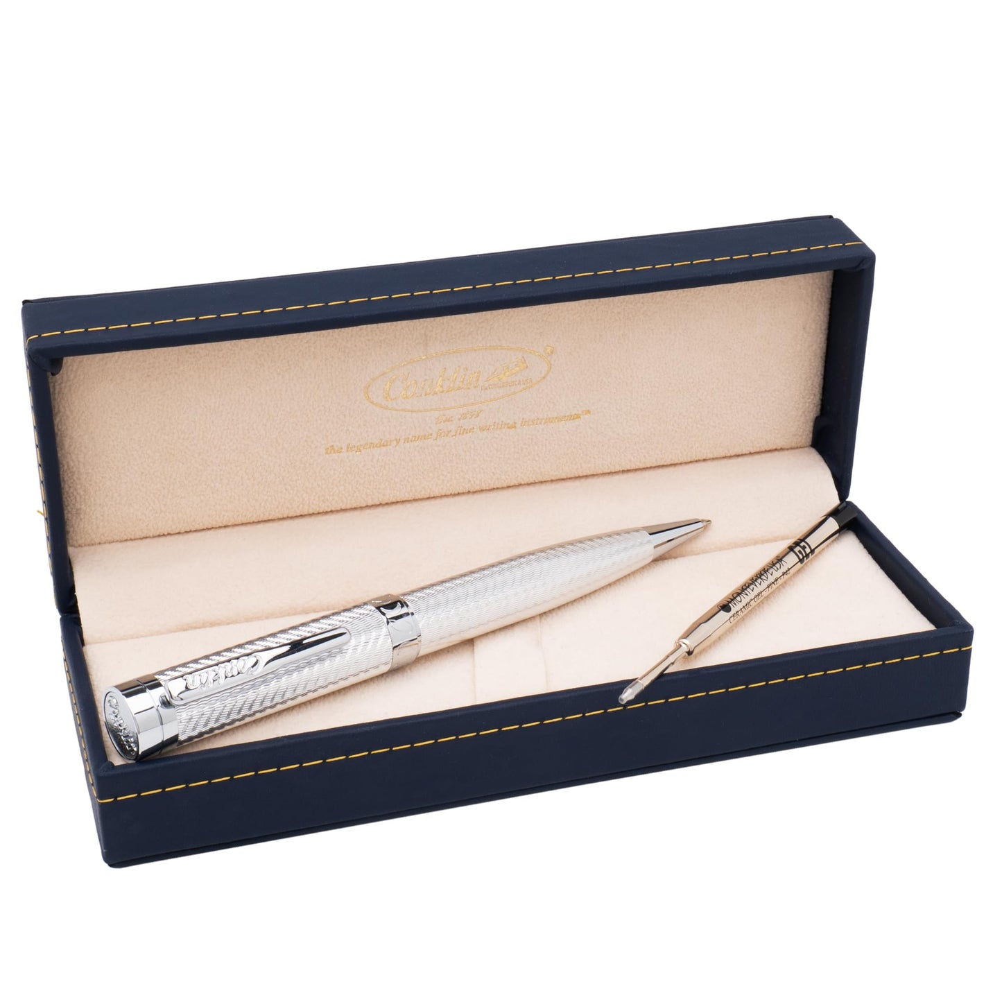 Conklin Herringbone Signature Ballpoint Pen Silver + Free Extra Black Gel Refill – Luxury Twist Pen Gift for Office, Writers, Professionals