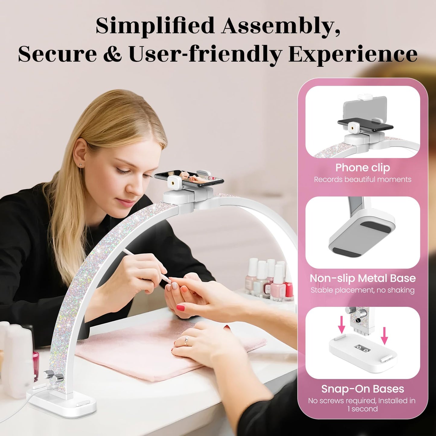 LIONVISON Half Moon Light for Nail Desk: 31-inch Manicure Table Light with Phone Holder for Beginner DIY - 48W Professional Half Moon Lamp for Nail Tech,Eyelash,Makeup,Tattoo