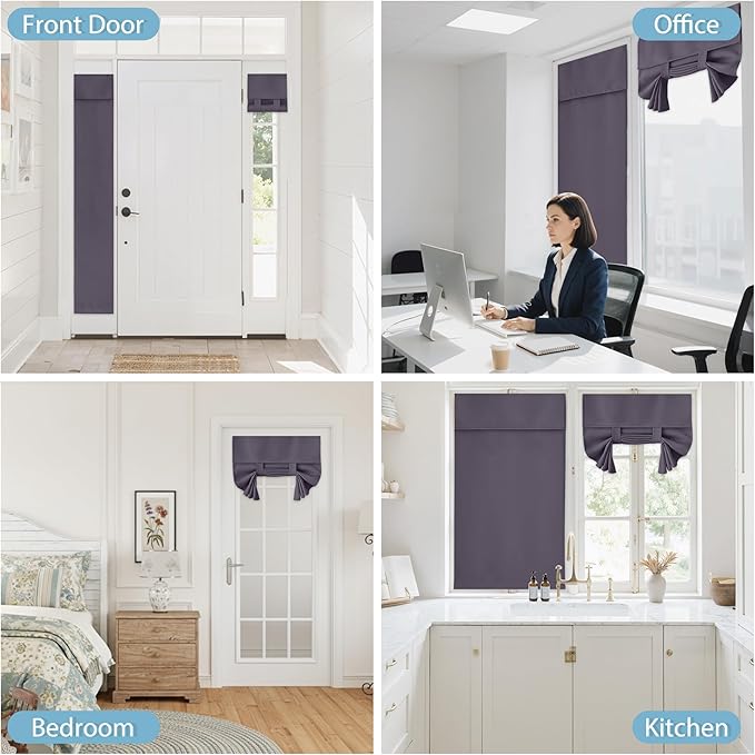 RYB HOME Blackout French Door Curtain - Privacy Thermal Insulated Window Shades for Patio Kitchen Front Entry Back Door Glass Window, Self Adhesive No Drill, 1 Panel, 26" W x 69" L, Grayish Purple