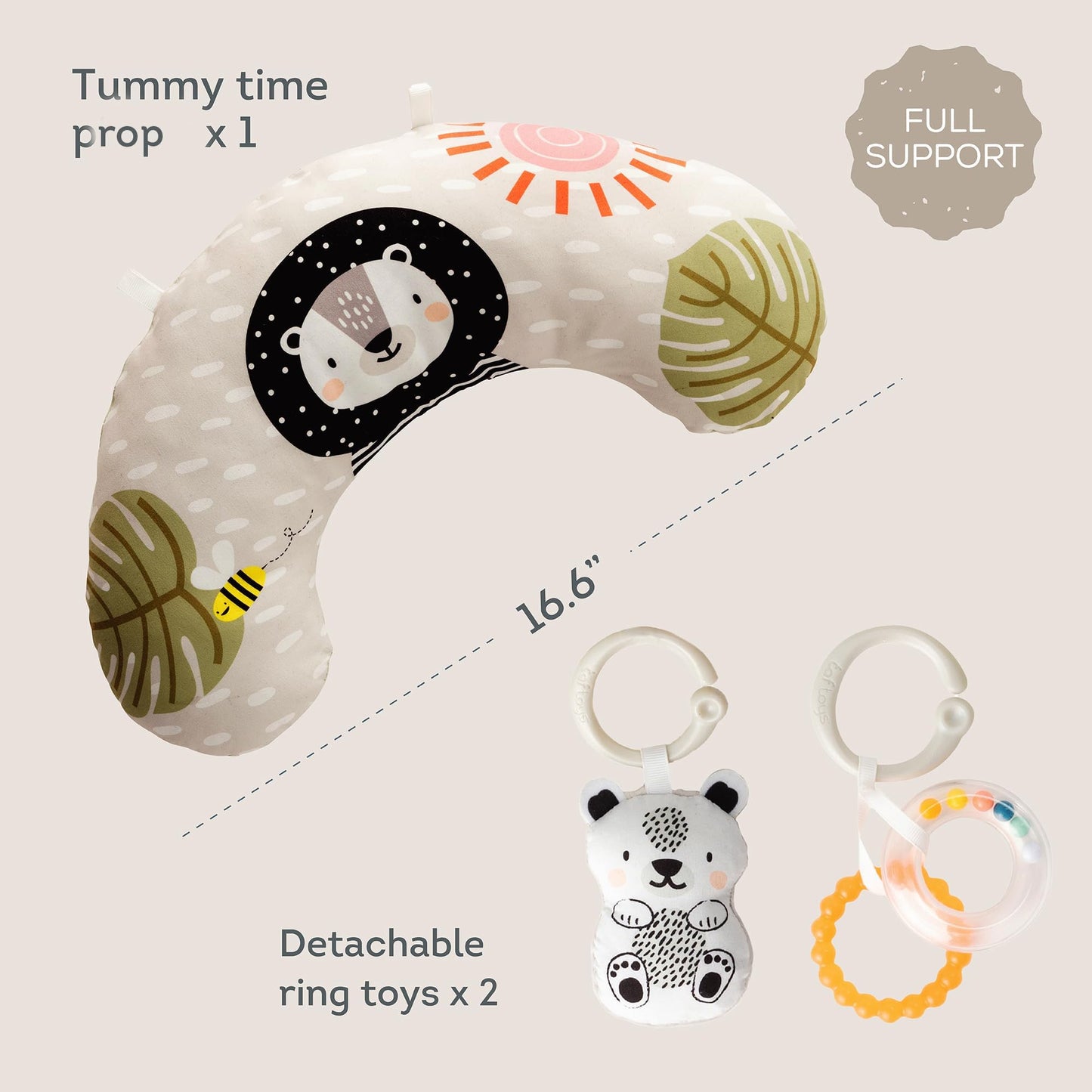 Taf Toys Ergonomic Tummy Time Support Toy with Teether and Rattle - Soft and Supportive Baby Toy for Enhanced Motor Skills Development