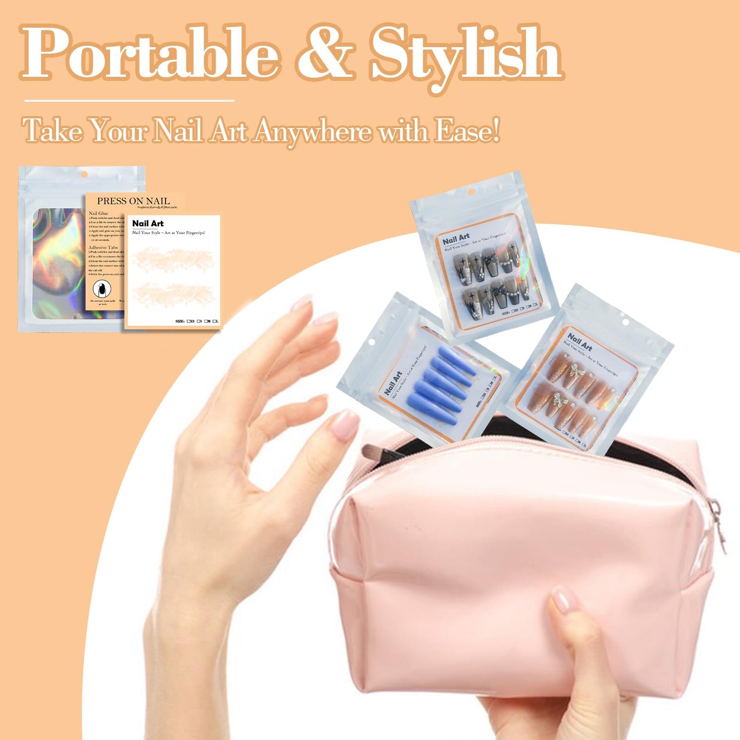 202pcs Press on Nail Packaging Bag, 100pcs Empty Holographic Nail Storage Bag and 100pcs Instruction&Display Black Cardboard with 2 Roll Transparent Tape for Nail Display Profession Salon(White, 100)