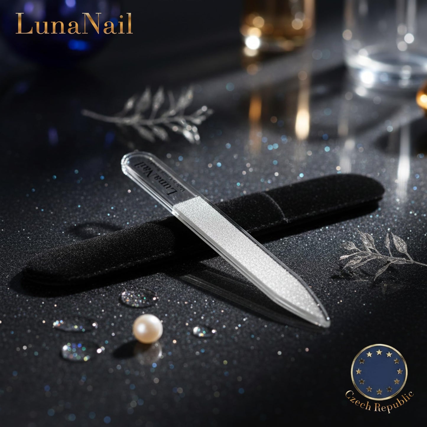 LunaNail Nano Czech Glass Nail File & Buffer 2-in-1, Velvet Case, Crystal Polisher, Mirror-Shine, Keratin-Sealing, Travel Friendly
