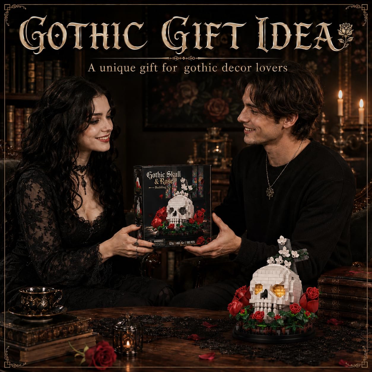Vziimo Skull & Flowers Building Set, Gothic Skull Roses Micro Building Blocks Decor Model Kit with Cross, Horror Gifts for Adults, Teens Age 14+, Gothic Art Fans (582 PCS)