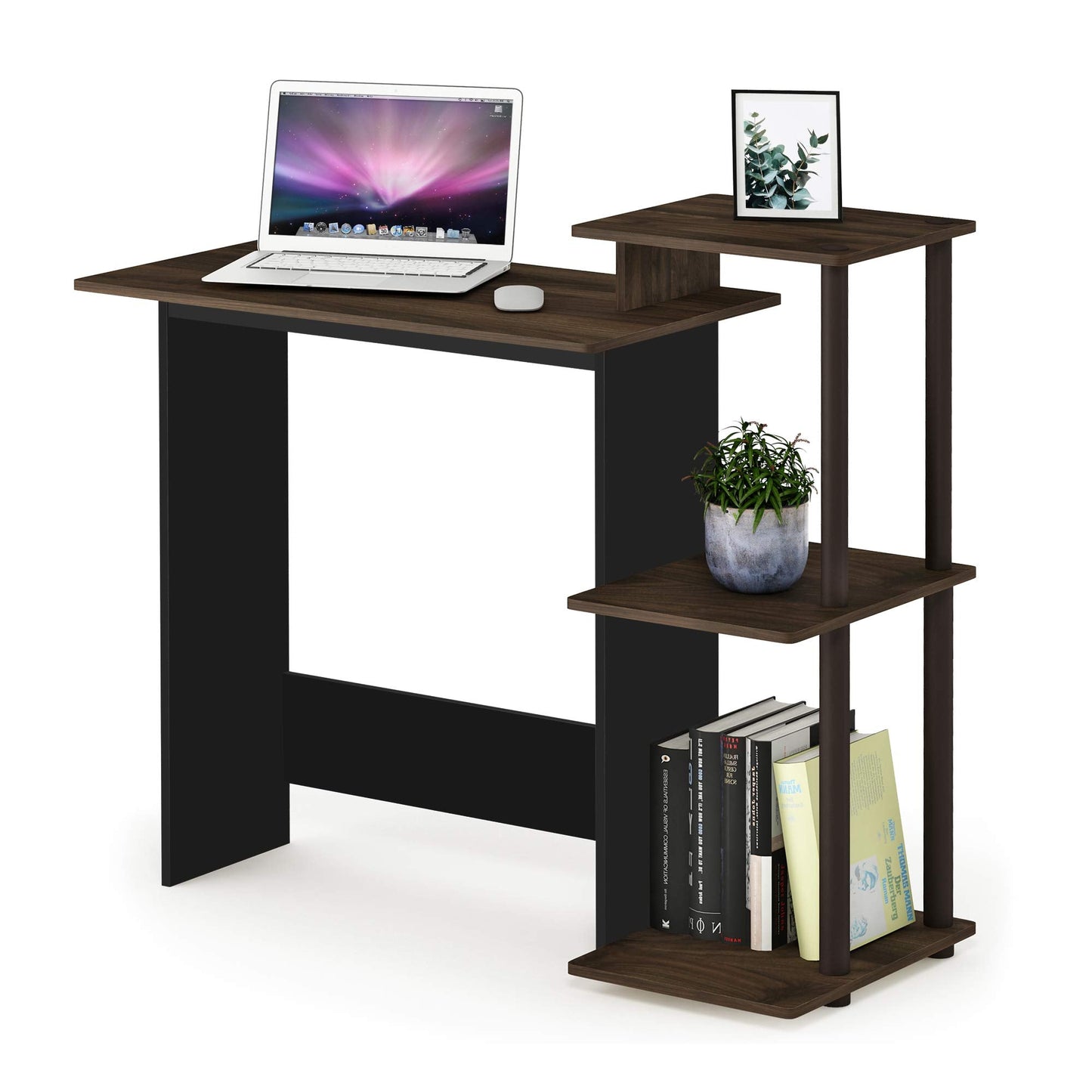Furinno EFFICIENT Desk, 28.6" Wide Gaming Desk with 3 Open Side Shelves, Laptop Notebook Computer Desk, Office Desk for Home Office, Study Room, Dorm, Bedroom, Columbia Walnut