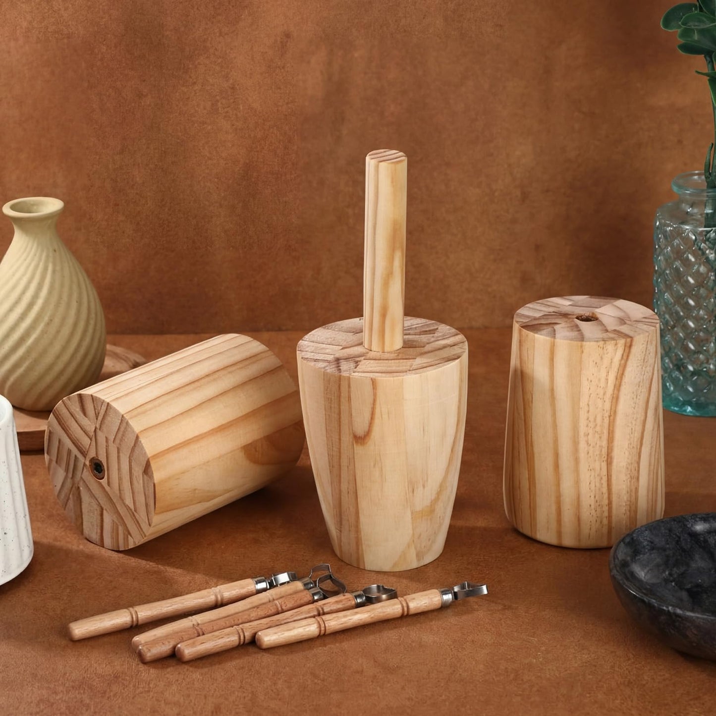 Ferrochef 8 Pack Cup Pottery Molds Clay Tools Set Wooden Sculpture Scraper Pottery Carving Tool Cup Handle Shape Clay Cutters for DIY Mug Vase Art Making(Small,12, 10, 8oz)