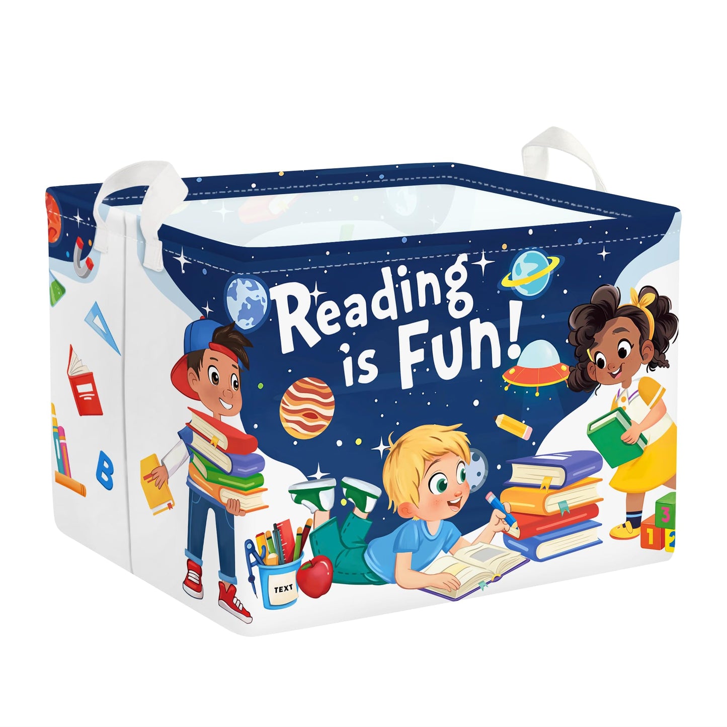 Clastyle Space Reading Fun Study Book Kid Storage Basket Baby Laundry Hamper Boy Gift Toy Box Collapsible Clothes Organizer Nursery Bin for Bedroom, Rocket, 40*30*30 cm