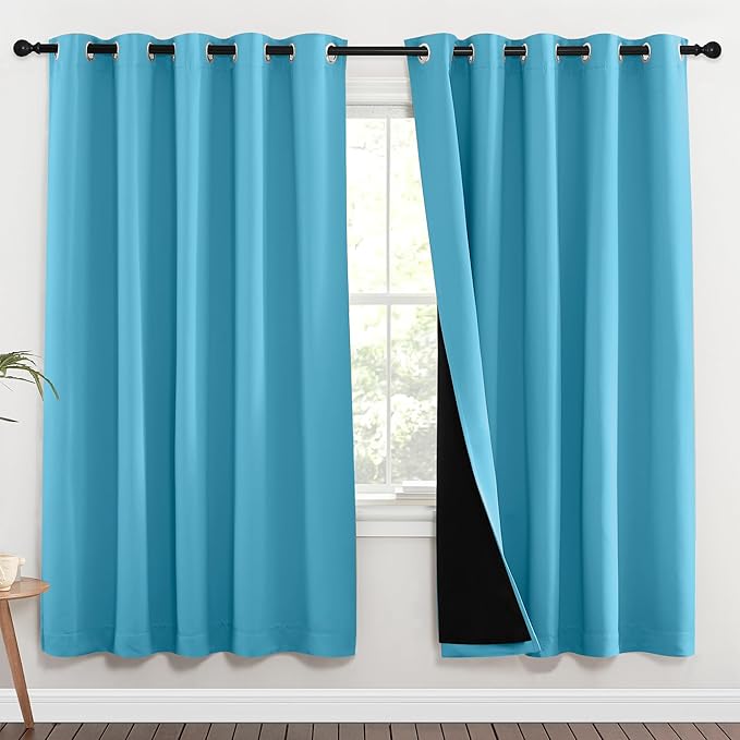 NICETOWN 100% Blackout Window Curtain Panels, Teal Blue, 2 Pieces, 62-inch Wide Per Panel, Full Light Blocking Drapes with Black Liner for Nursery, 72-inch Drop Thermal Insulated Draperies