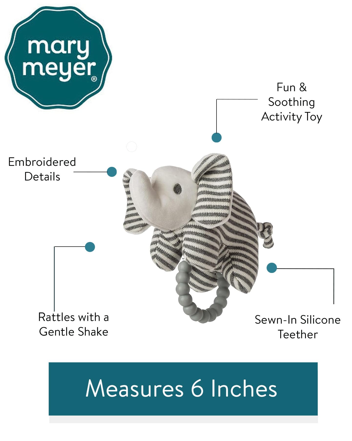Mary Meyer Soft Baby Rattle with Soothing Teether Ring, 6-Inches, Afrique Elephant
