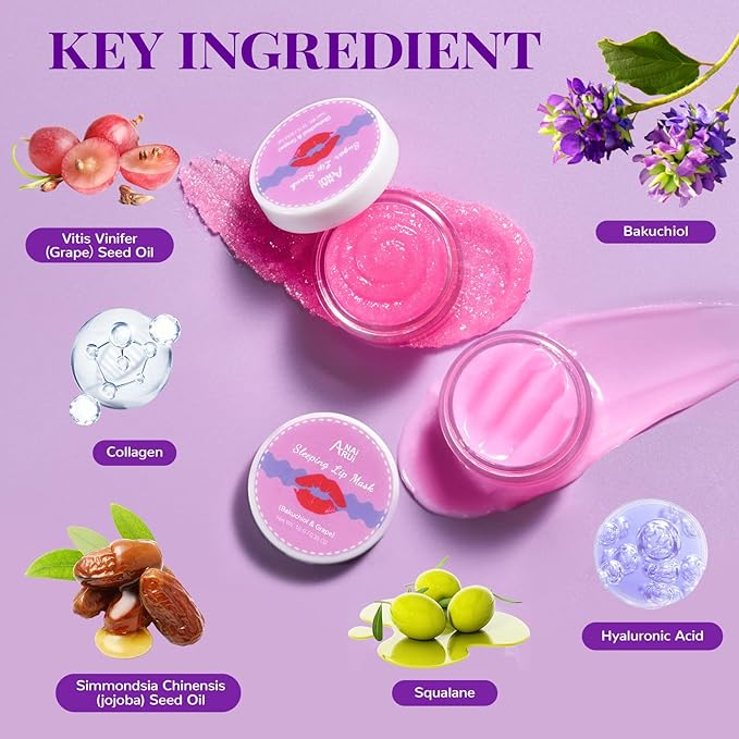 ANAI RUI Lip Therapy Set - Scrub & Mask, Overnight Hydrating Moisturizer With Exfoliator and Sleeping Mask for Plumping - Gift Kit for Dry, Chapped, Dark Lips, Grape