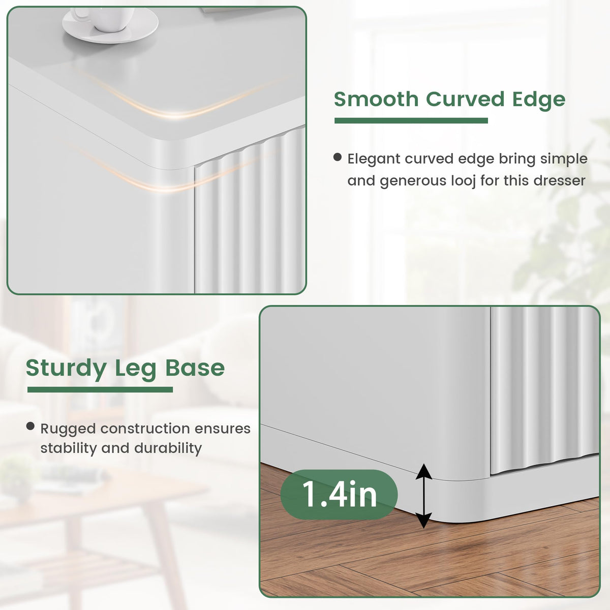 White Fluted Dresser for Bedroom with 6 Drawers