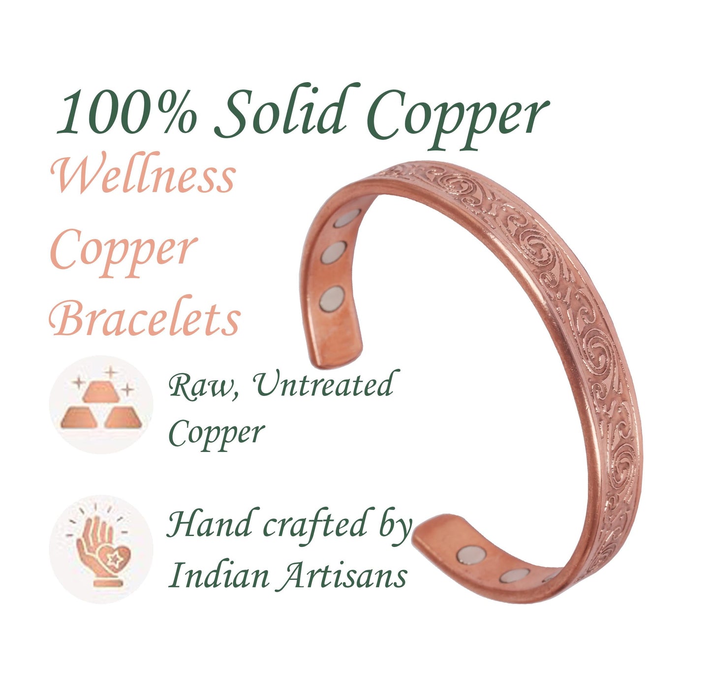 Touchstone handcrafted magnetic copper bracelet. Hand forged with solid and high gauge Tibetan style engraved cuff pure copper jewelry for women men. Elegant minimalist design.