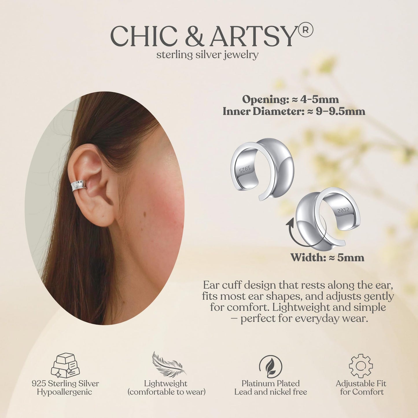 925 Sterling Silver Huggie Ear Cuffs, Wide Ear Cuffs for Women Non Piercing Adjustable Thick Cuff Earrings Set Clip On Cartilage