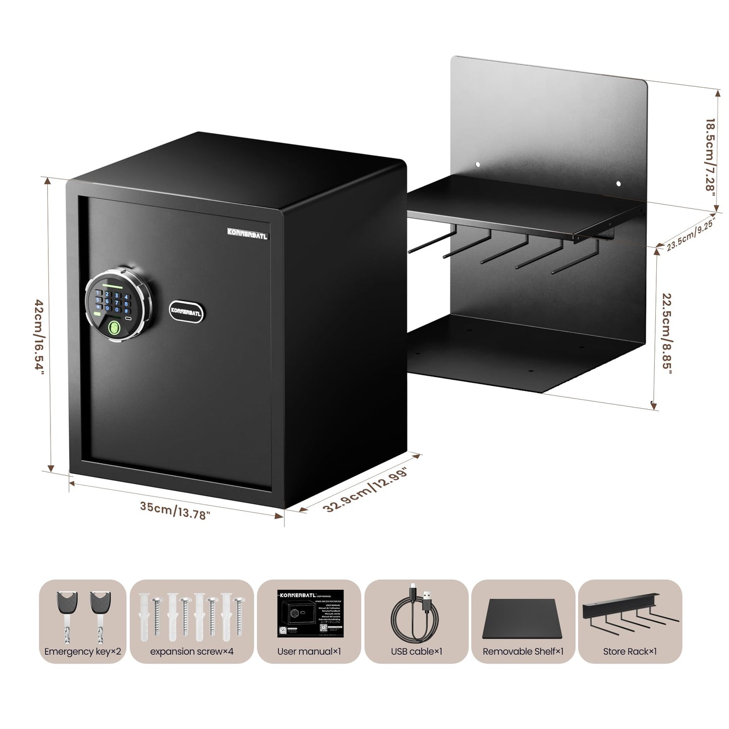 KornerBatl Smart Fingerprint Gun Safe with Biometric Lock, Quick Access Multiple Handgun Storage Rack Valentines Day Gifts for Men Women (12.99"D x 13.78"W x 16.54"H)