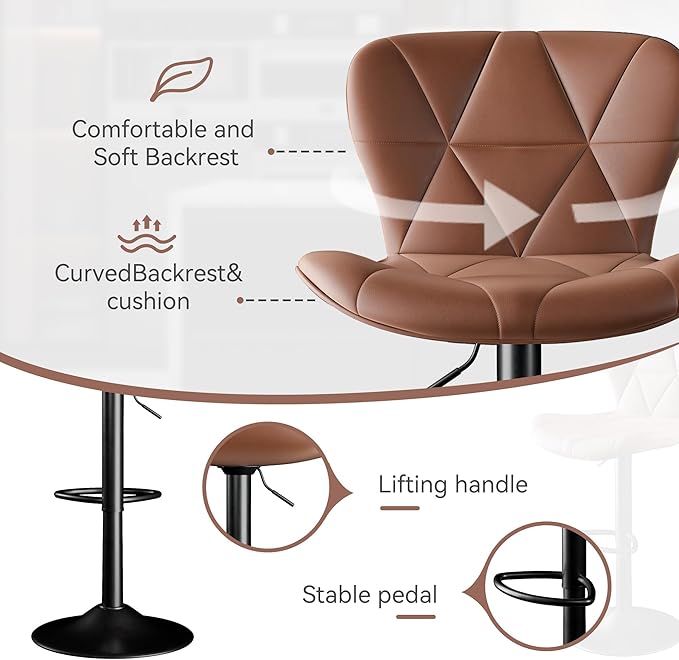 Bar Stools Set of 2, Faux Leather Bar Chairs,Upholstered Counter Height with High Backrest for Kitchen Island,Light Brown