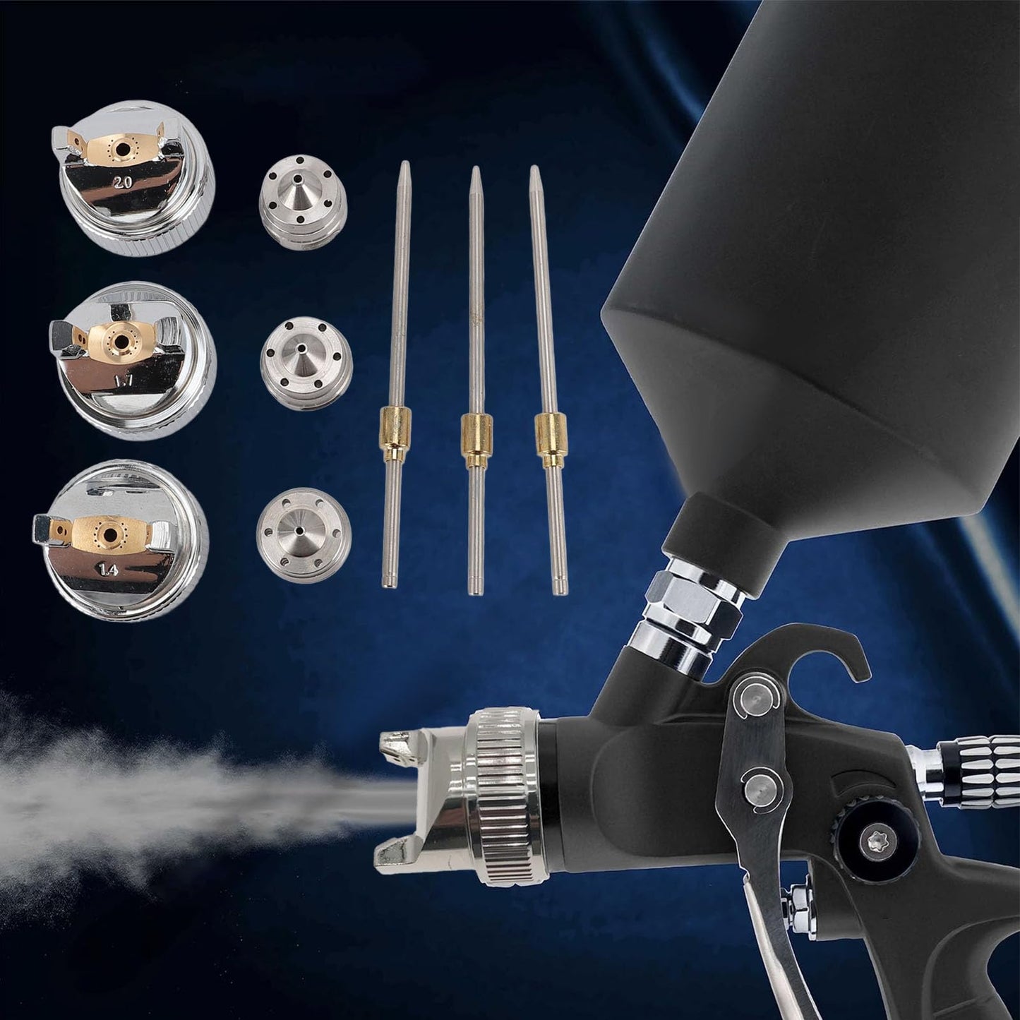 Sunicon Nozzle Set, H-827 1.4mm 1.7mm 2.0mm Nozzle Replacement Kit 3 Sets Needle Fluid Nozzle Air Cap Kit Brass Plastic Fluid Tip Size Set Up Spray Paint Repair Accessories Kit for Spray Guns