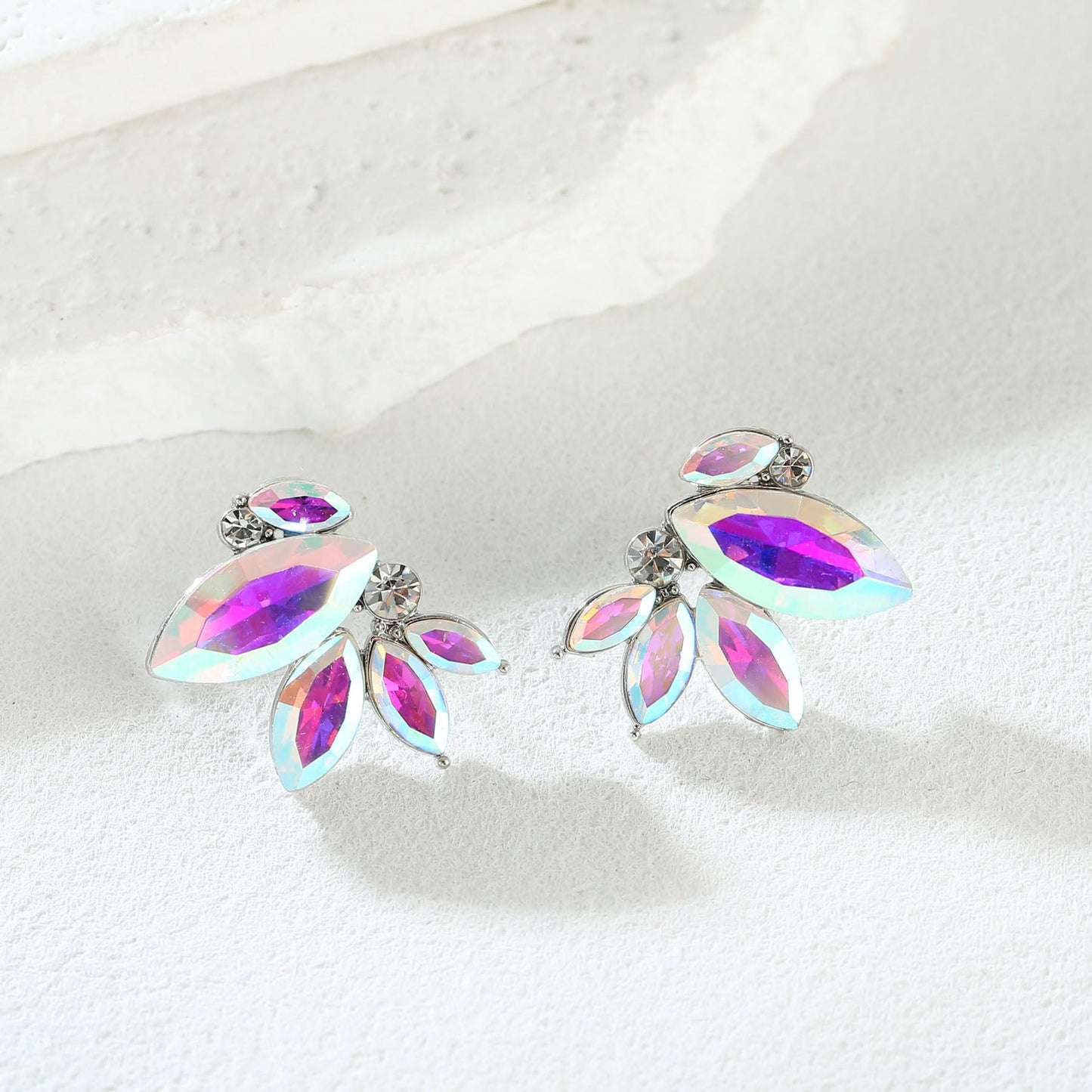 Iridescent Rhinestone Drop Earring Sparkly Wedding Earrings for Women Prom Party AB Faux Crystal Stud Earrings Silver-Tone