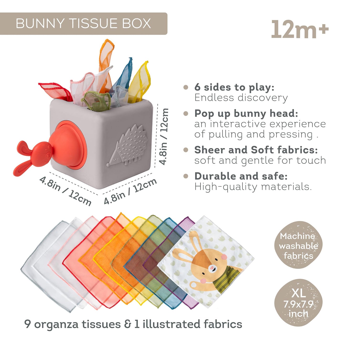 Taf Toys Baby Tissue Box Toy Silicone Baby Toys 6-12 Months Montessori Toys Sensory Activity & 10 Tissues for Fine Motor Development Soft Interactive Silicone Learning Cube for 1 Year Old Toddlers