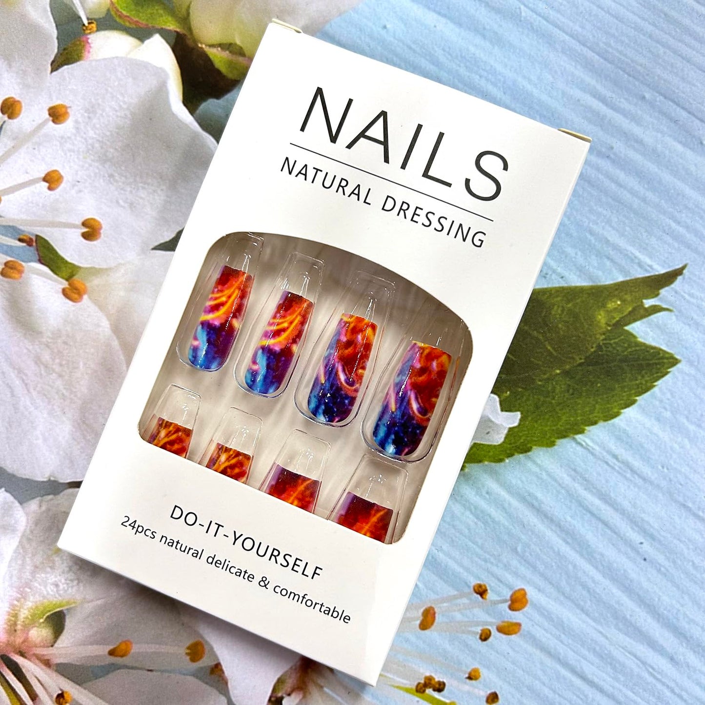 Press On Aurora Flame Stripe Red Blue Lightning Design Square False Nails - Artificial Full Cover Acrylic Coffin Reusable Glue on DIY Stick on Nails for Women - 24Pcs