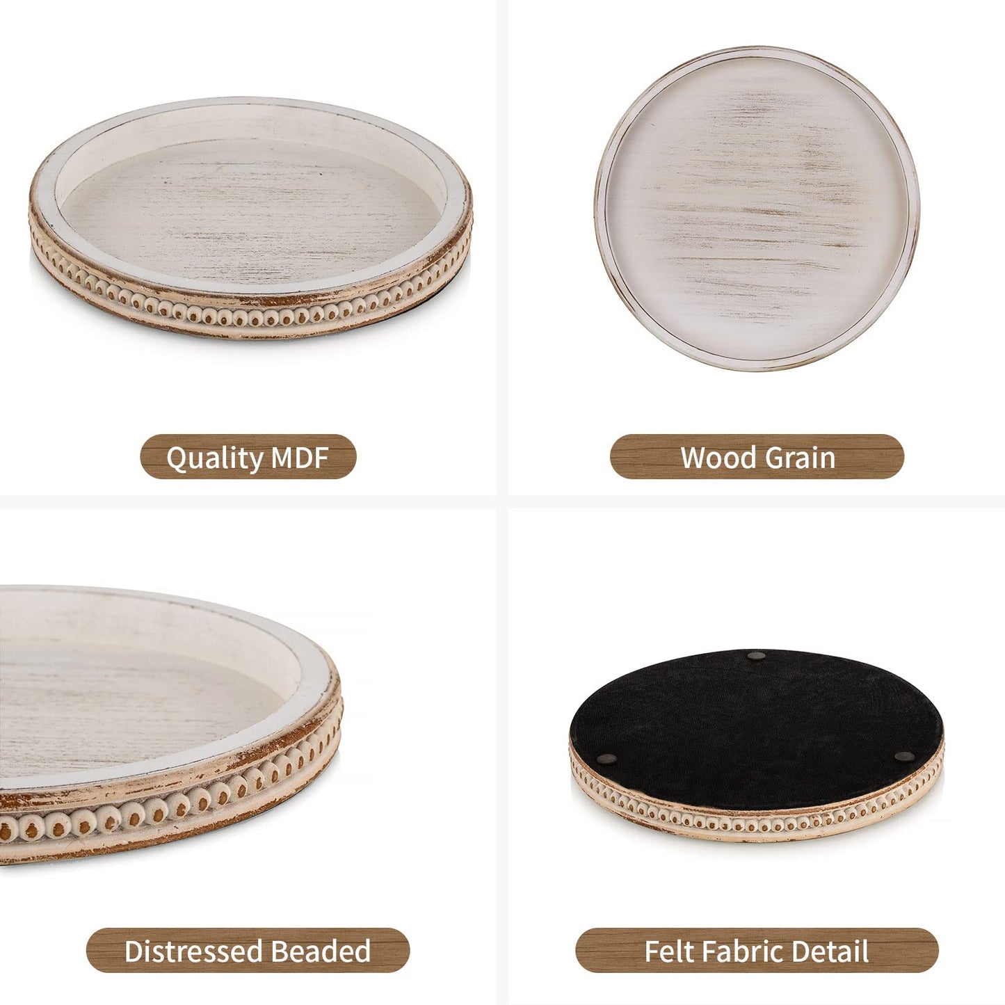 Hanobe Round Wooden Decorative Tray: White Washed Bead Tray Decor for Coffee Table Centerpiece Rustic Farmhouse Tray for Kitchen Counter Living Room Decoration