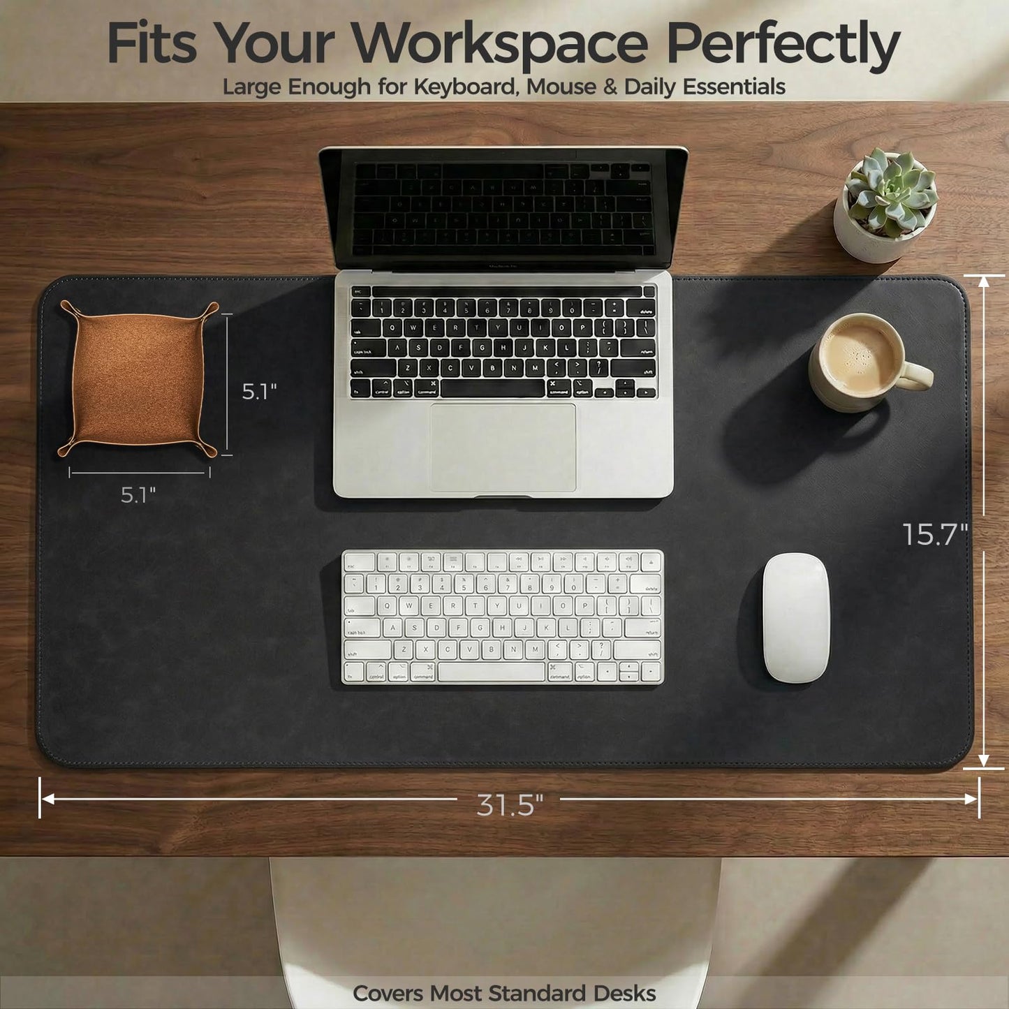 Premium Faux Leather Desk Mat & Tray Set，Innovative Cork-Look Printed Base，Gift Tube Packaging，Full-Desk Coverage，Non-Slip Desk Pad for Office Home（Classic Black）