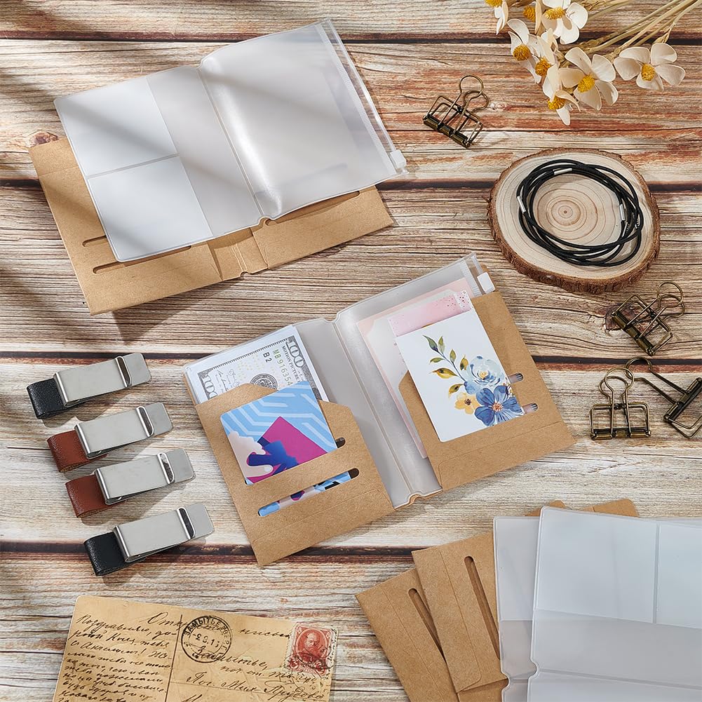 OLYCRAFT 4 Pack Travelers Notebook Accessories Kit Travel Diary Accessory Set Include Travel Kraft File Folder Transparent Bags Rubber Band Pen Clips Loose-Leaf Clips for Diary Passport Organizer