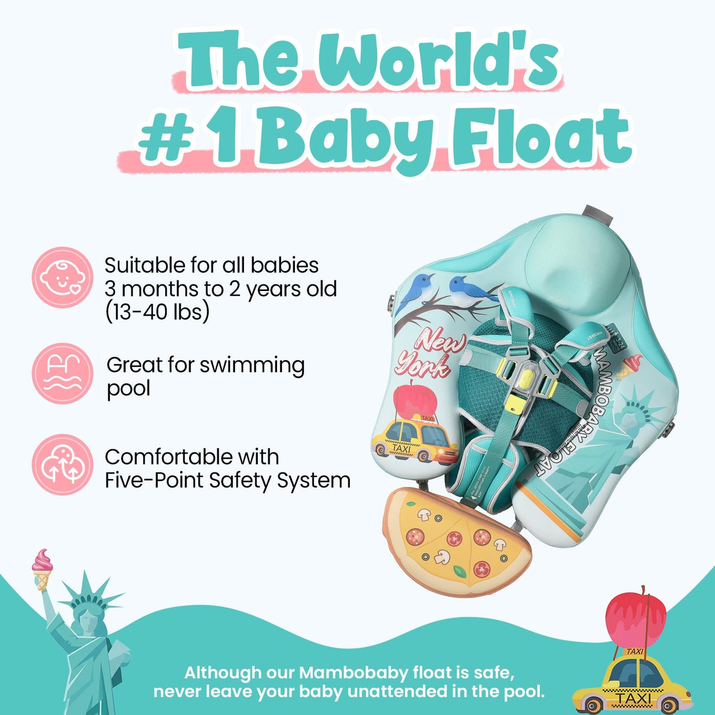 Mambobaby Float Non-Inflatable Baby Float with Canopy, Five-Point Safety System, 3D Canopy(Detachable) UPF 50+, Baby Pool Floats for 3-24 Months, Dual-Mode Toddler Swim Floaties