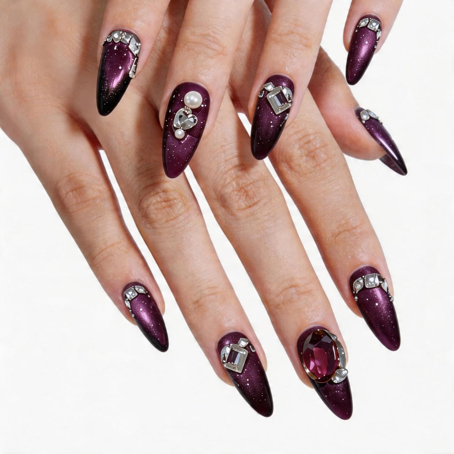 SILPECWEE 10PCS Almond Press on Nails, 10Pcs Handmade Fake Nails Medium Rhinestones Purple Cat Eye Gel Flase Nails Acrylic Press Ons for Women Manicure Supplies