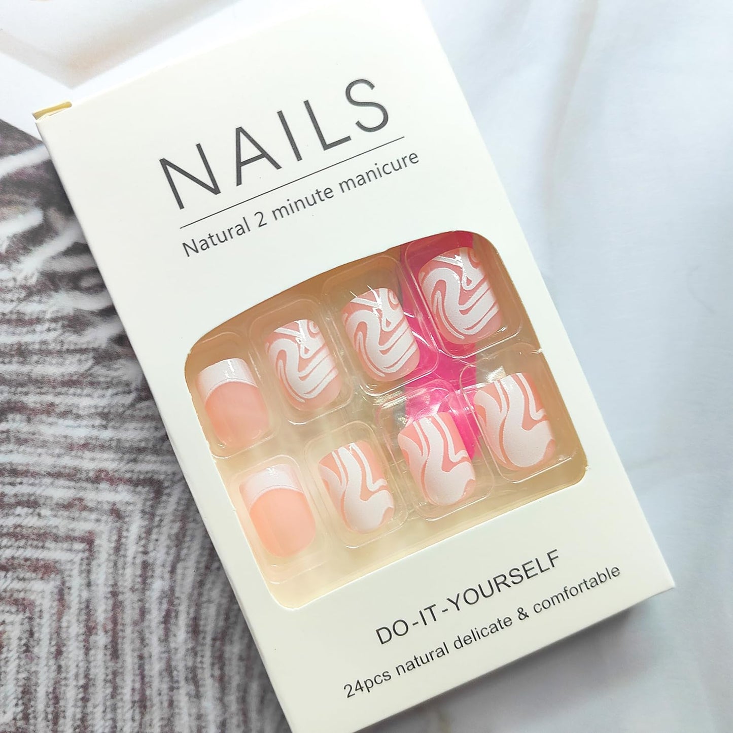 MKWNTG French Tip Press On Nails - Square, Short, Glossy, Full Cover, White Striped Design, Reusable Artificial Acrylic Nails for Women & Girls (24Pcs)