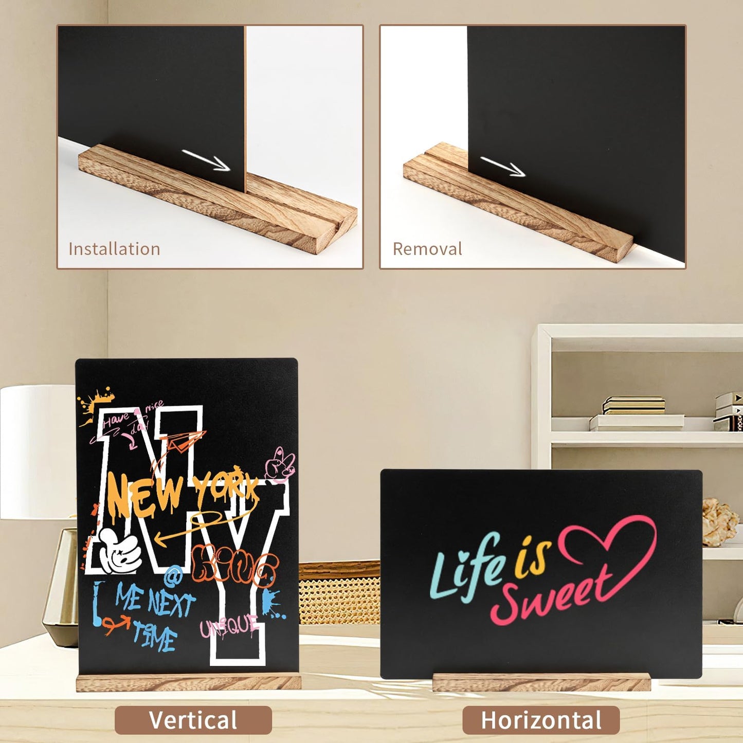 Neworkg 6 Pack Chalkboard Sign with Wood Base, Tabletop Message Board Sign for Wedding, Restaurant and Party Decoration, 7.87x11.81 Inches