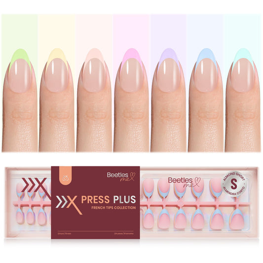 Beetles Spring Press On Nails-224 Pcs 7 Colors, French Tip Nails Short Almond Classic Fake Nail Tips, Pastel Romance Macaron Soft Nails Gel False Nails Art DIY For Women