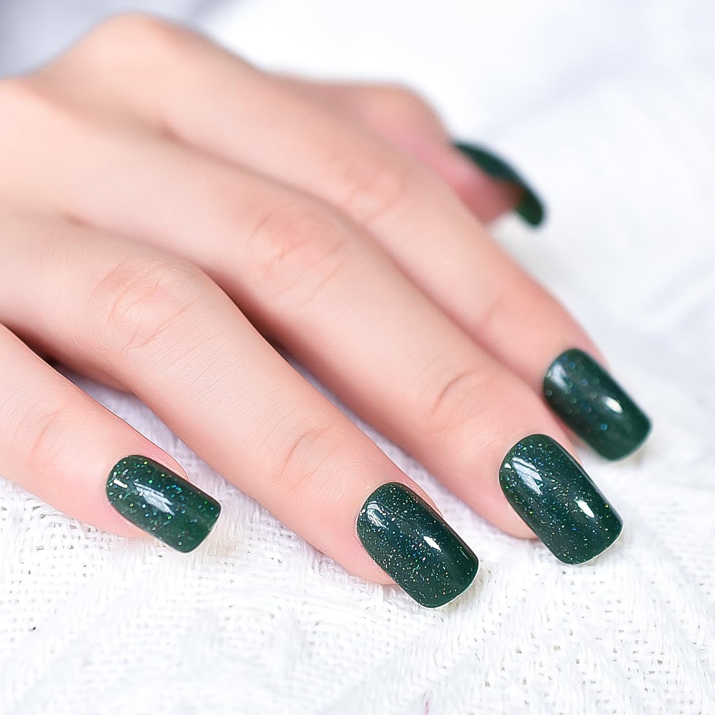 Shiny Glitter Dark Bottle Green Press on Nails - iBeautying False Nails - Glossy Finish Finger Daily Wear Nail - Medium-short Square Acrylic Reusable Fake Nails 24pcs