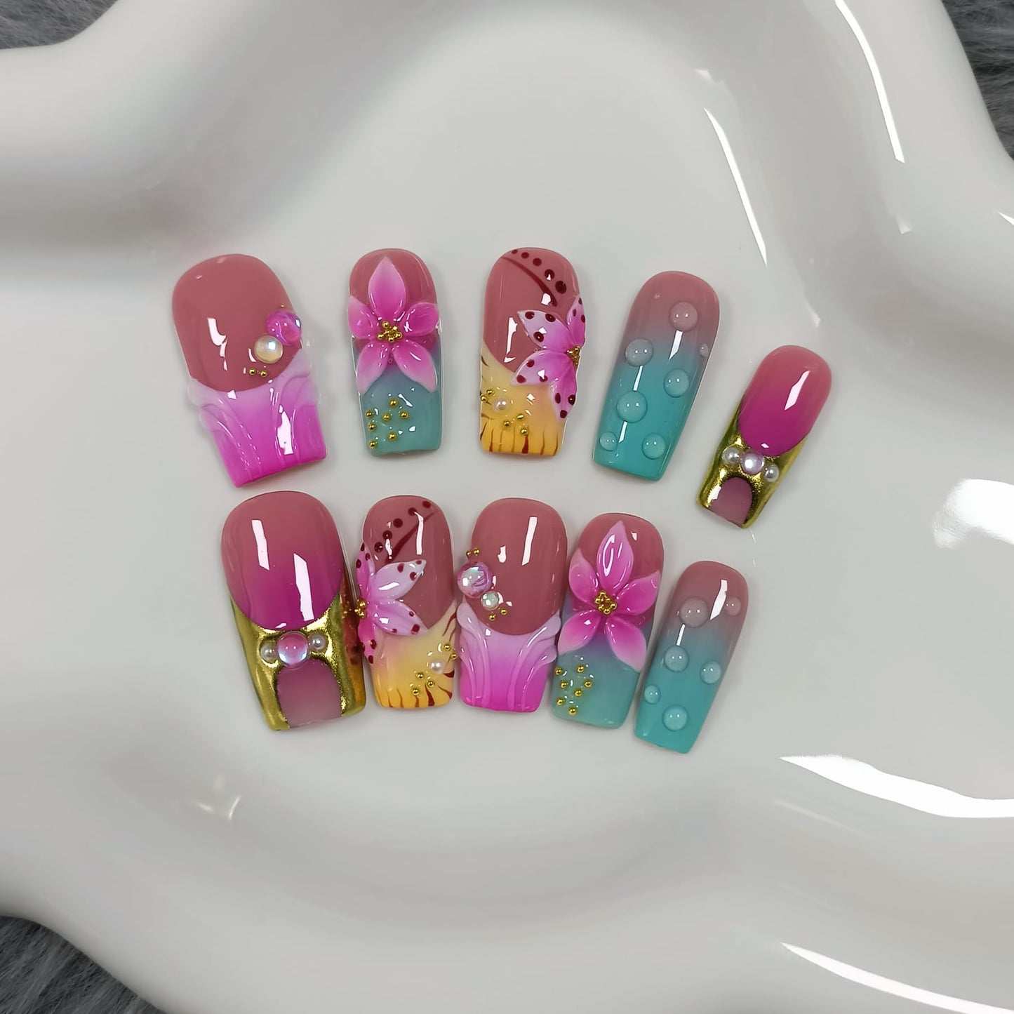 TENPAL Medium Square Press on Nails - Magenta Navy Blush Ombre 3D Floral Design Y2K Glossy False Nails for Women Girls, Acrylic Soft Gel Handmade Square Nails(S)