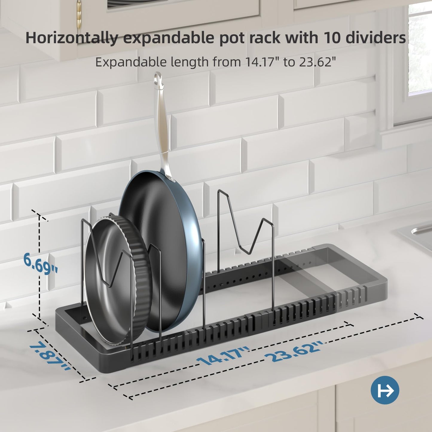 PanPanPal Pots and Pans Organizer under Cabinet, Expandable Pot Lid Organizer Holder with 10 Adjustable Compartment, Pan Organizers inside Cabinet for Lids, Bakeware, Kitchen Storage Pot Rack, Black
