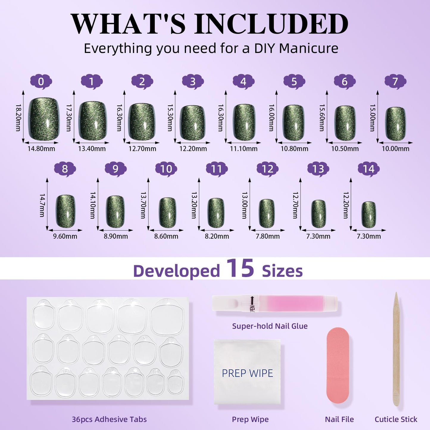 Green Cat Eye Press On Nails - Short Square Emerald Green Nails Press ons for Women, Reusable Glossy Fake Nails Kit with Glue, 30 Pieces in 15 Sizes