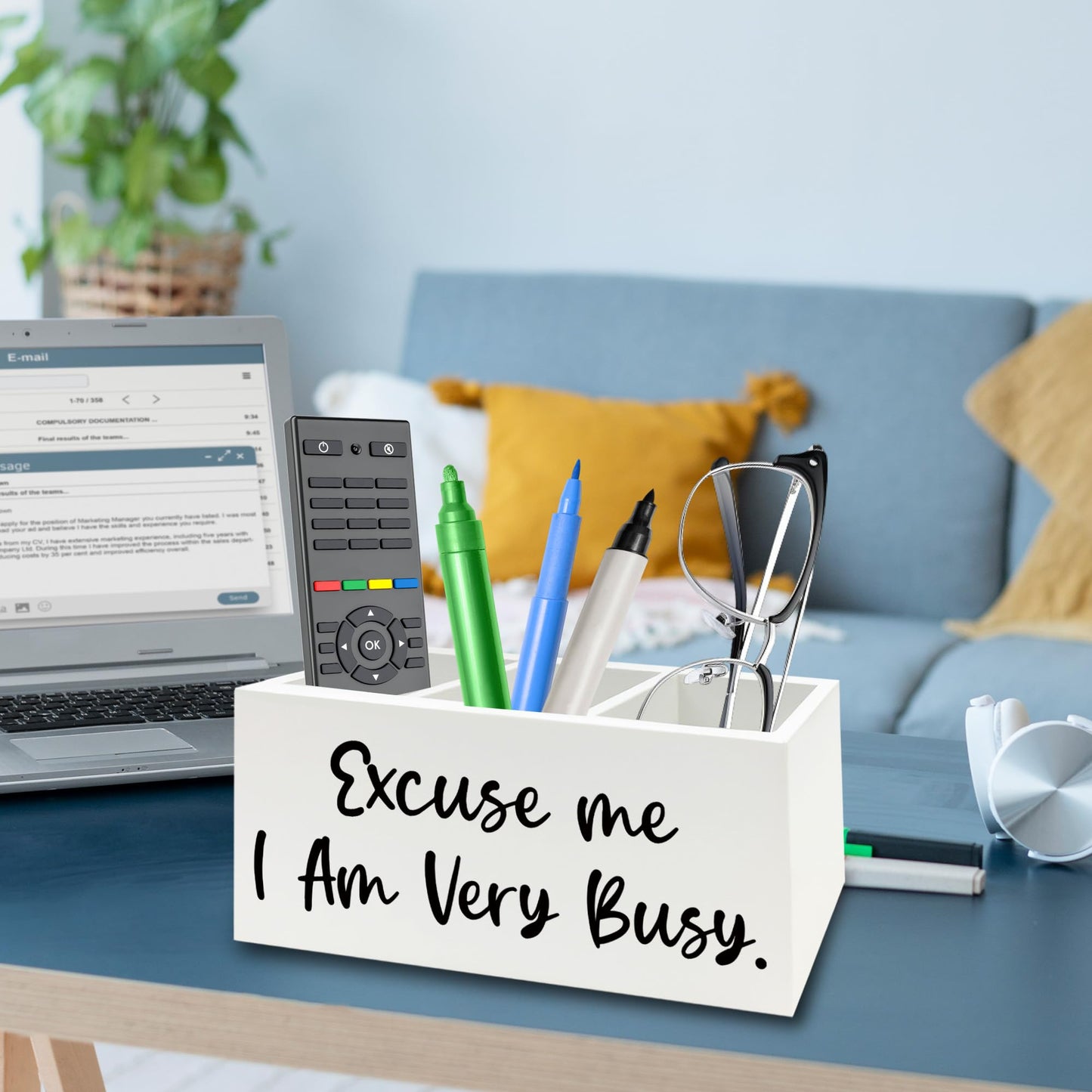 QZQE Funny Pen Pencil Holder Organizer for Desk, Funny Office Decor, Excuse Me I Am Very Busy Wooden Box Signs Decorations for Home Workplace Office Desk Tabletop