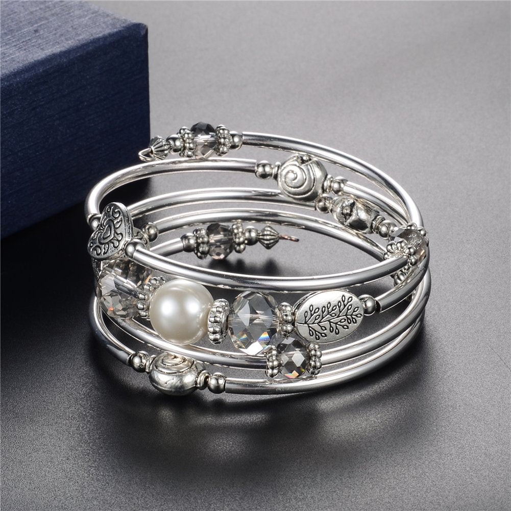 PEARL&CLUB Bead Crystal Wrap Bangle Bracelet - Fashion Jewelry Beaded Bracelet with Silver Metal, Gifts for Women(92-Grey)