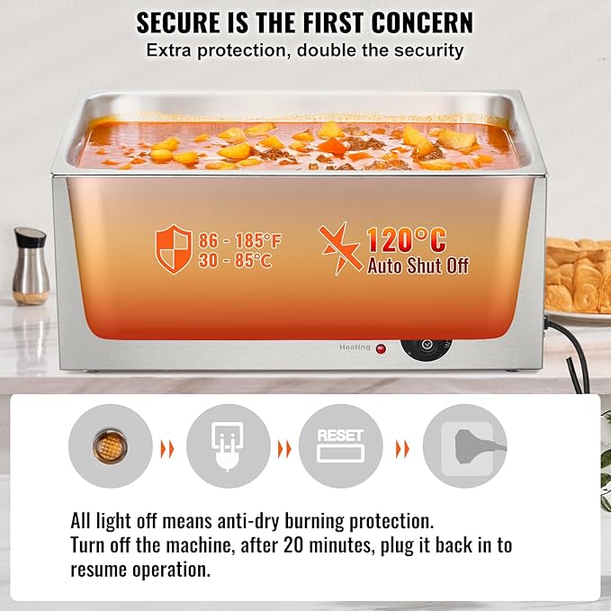 VEVOR Commercial Food Warmer 24QT Bain Marie 1200W Electric Buffet Warmer Steam Table Food Warmer Countertop Stainless Steel Food Warmer Wet or Dry Use for Parties, Catering and Restaurant