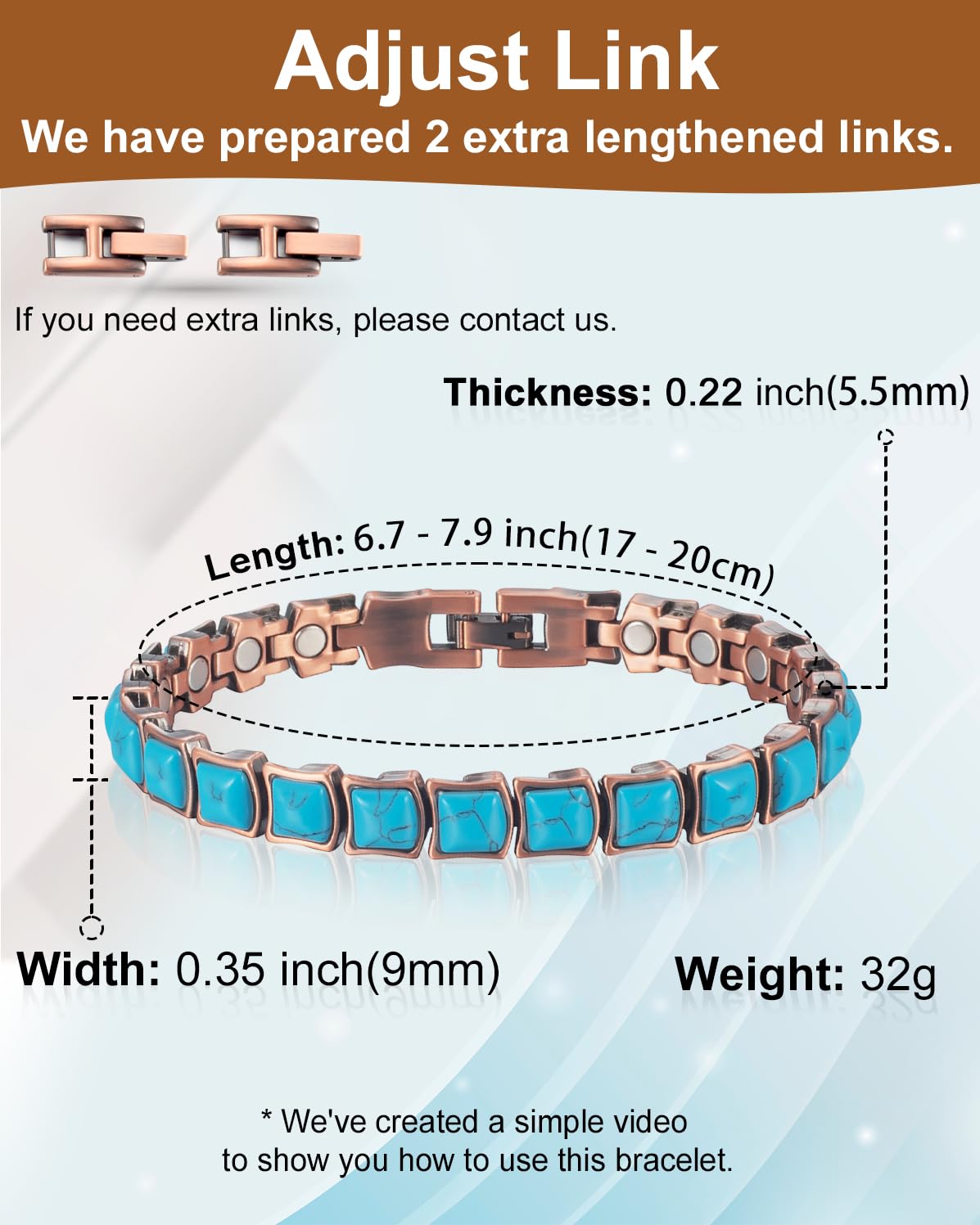 EnerCoppeX Copper Magnetic Bracelet for Women - Turquoize Detox Jewelry with 3500 Gauss Magnet (A)