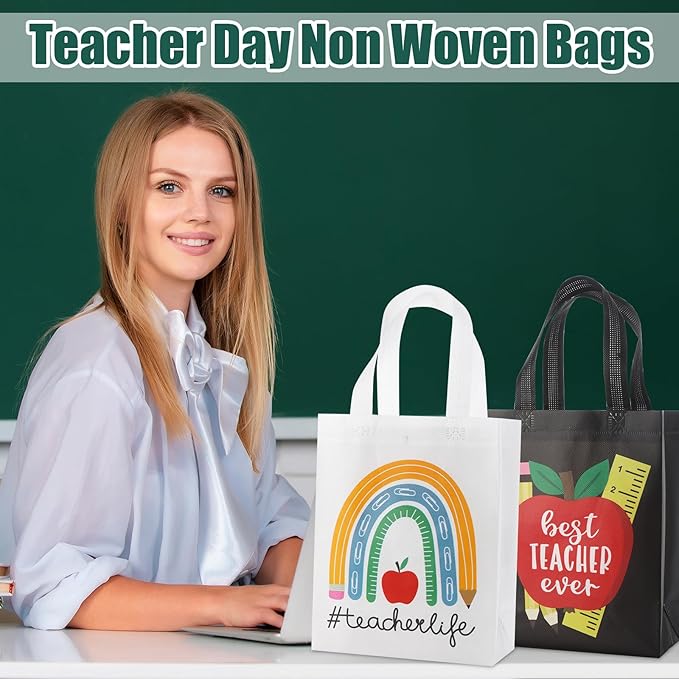 Wesnoy 100 Pcs Teacher Appreciation Gift Bags Bulk Thank You Teachers Reusable Non Woven Treat Goodie Tote Bags with Handles Gifts Wrap for School Office Graduation Retirement Party Supplies
