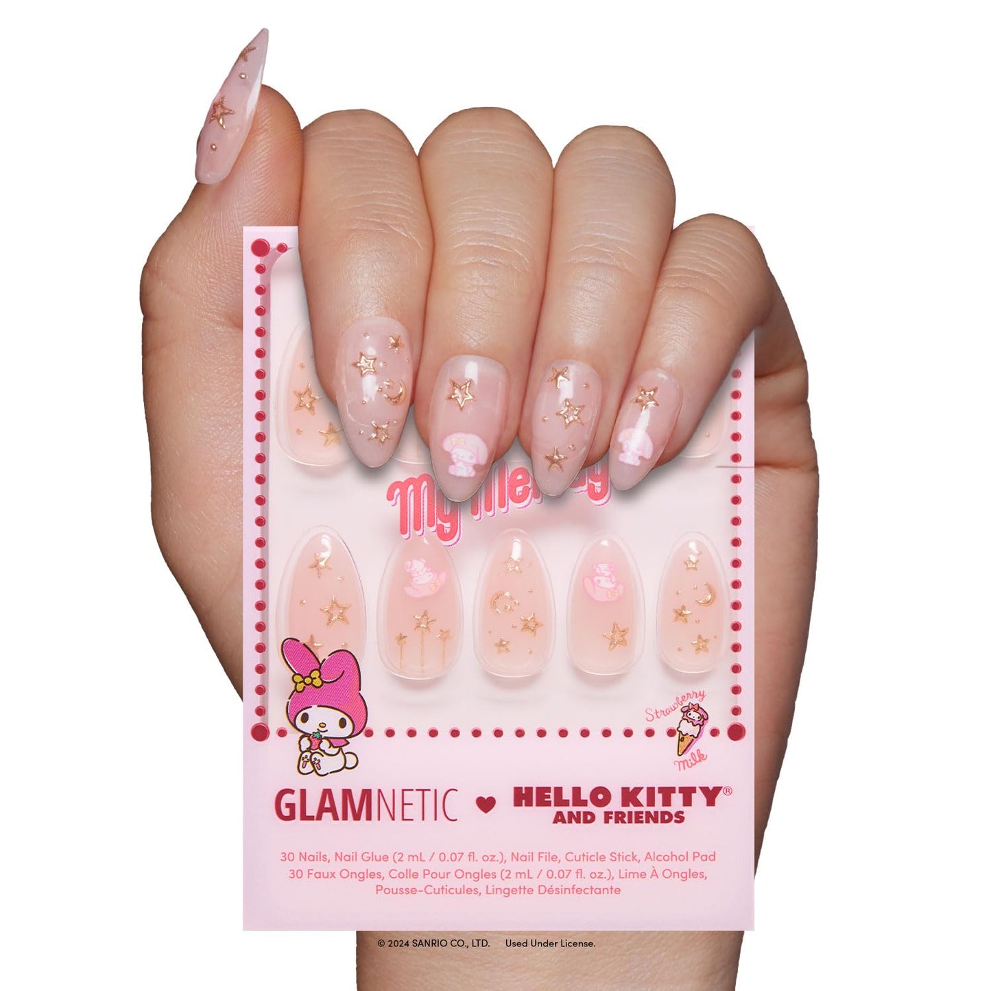 Glamnetic x Hello Kitty® and Friends Press On Nails - My Melody™ | Short Almond Gold Foil 3D Graphic Fake Nails in a Glossy Finish | 15 Sizes - 30 Nail Kit with Glue